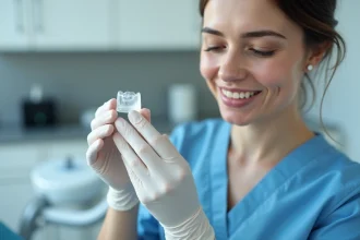 Dentiste femme examinant une couronne dentaire imprimée en 3D avec la technologie SprintRay CapDentaire en cabinet dentaire moderne