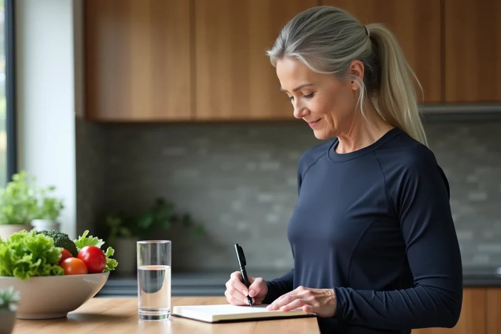Femme mature tenant un journal de santé dans sa cuisine, gestion du poids et bien-être hormonal au quotidien