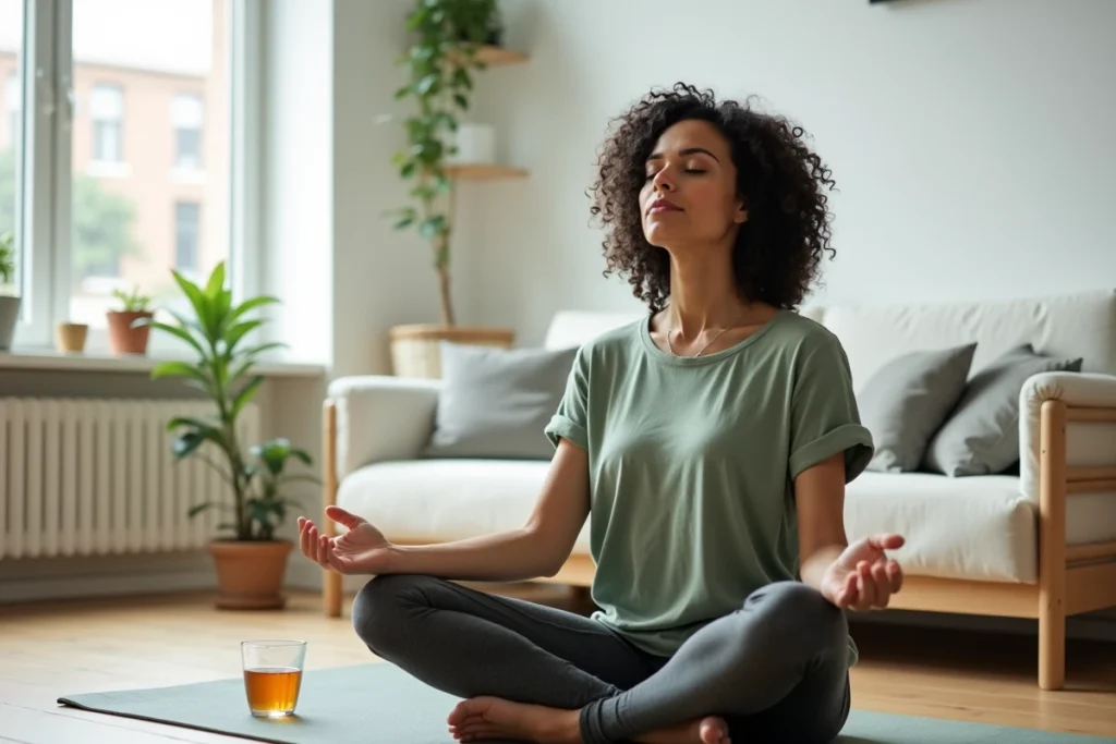 Femme pratiquant la méditation à domicile pour gérer le stress lié aux effets hormonaux et à la prise de poids