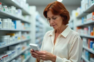 Femme de 40 ans lisant la notice d'un ovule gynécologique en pharmacie, thème colpotrophine et prise de poids