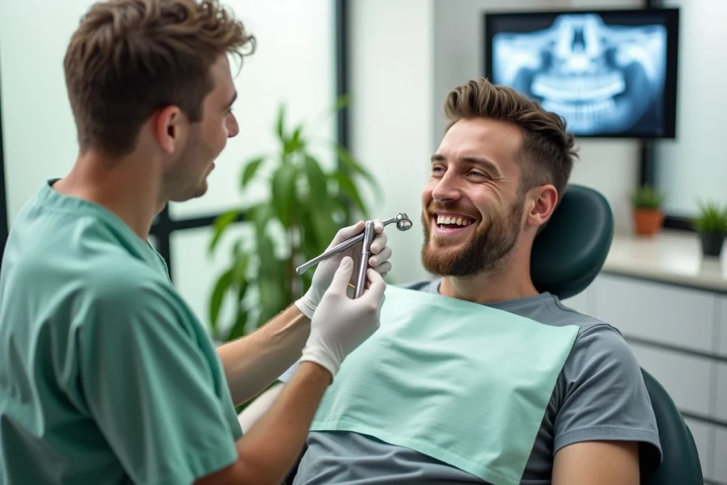 Patient satisfait lors d'une consultation dentaire finale avec pose d'une couronne rapide grâce à la technologie SprintRay CapDentaire
