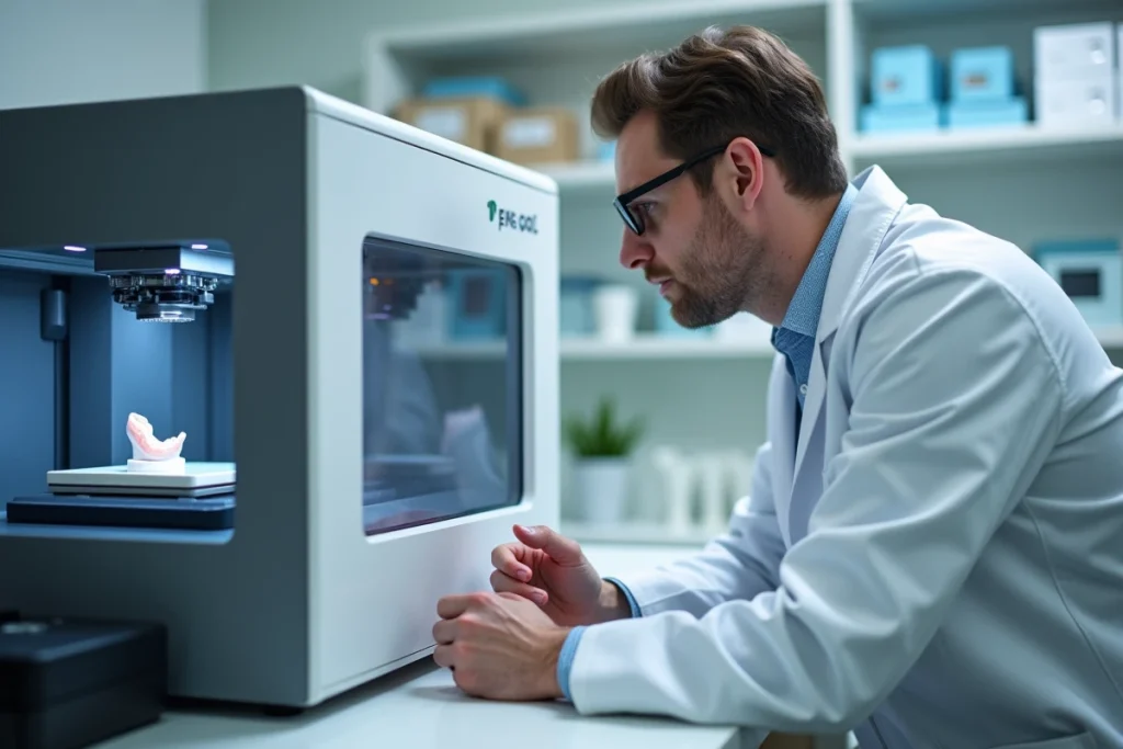 Technicien dentaire surveillant une imprimante 3D dentaire SprintRay en laboratoire pour la fabrication de prothèses précises