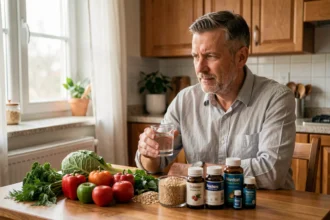 Homme d'âge moyen choisissant des aliments sains pour protéger son foie et réduire les transaminases