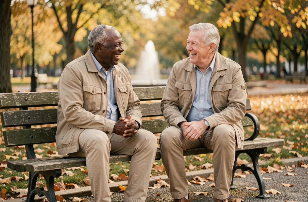 Deux hommes retraités riant ensemble sur un banc de parc en automne, symbolisant l'amitié et le maintien du lien social à la retraite