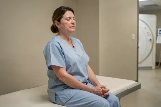 Femme en blouse médicale pratiquant une technique de respiration pour gérer l'anxiété avant un scanner des sinus