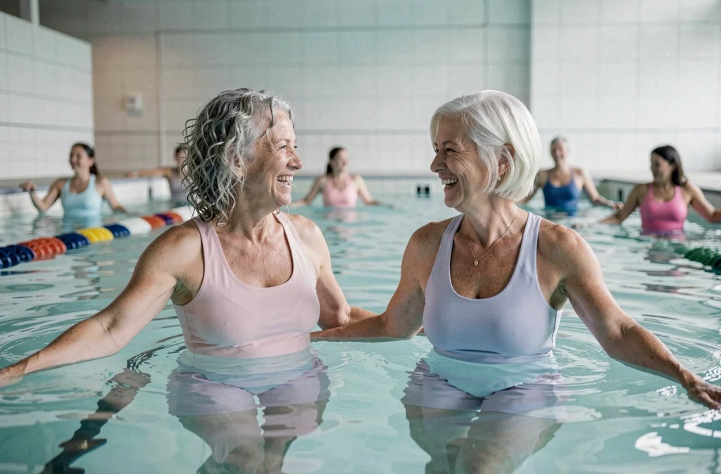 Deux femmes seniors pratiquant l'aquagym douce dans une piscine intérieure pour préserver leur mobilité