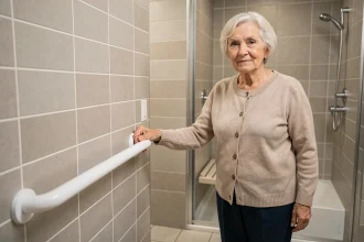 Femme âgée s'appuyant sur une barre d'appui dans une salle de bain aménagée pour prévenir les chutes