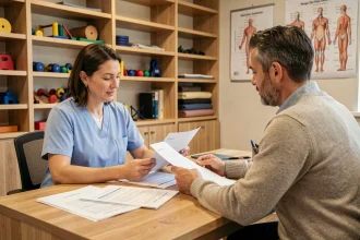 Ergothérapeute en consultation avec un patient adulte, révision des documents de bilan ergothérapie dans un cabinet moderne