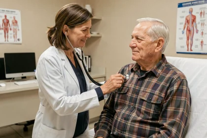 Médecin généraliste effectuant un bilan de santé complet sur un patient senior dans un cabinet médical moderne
