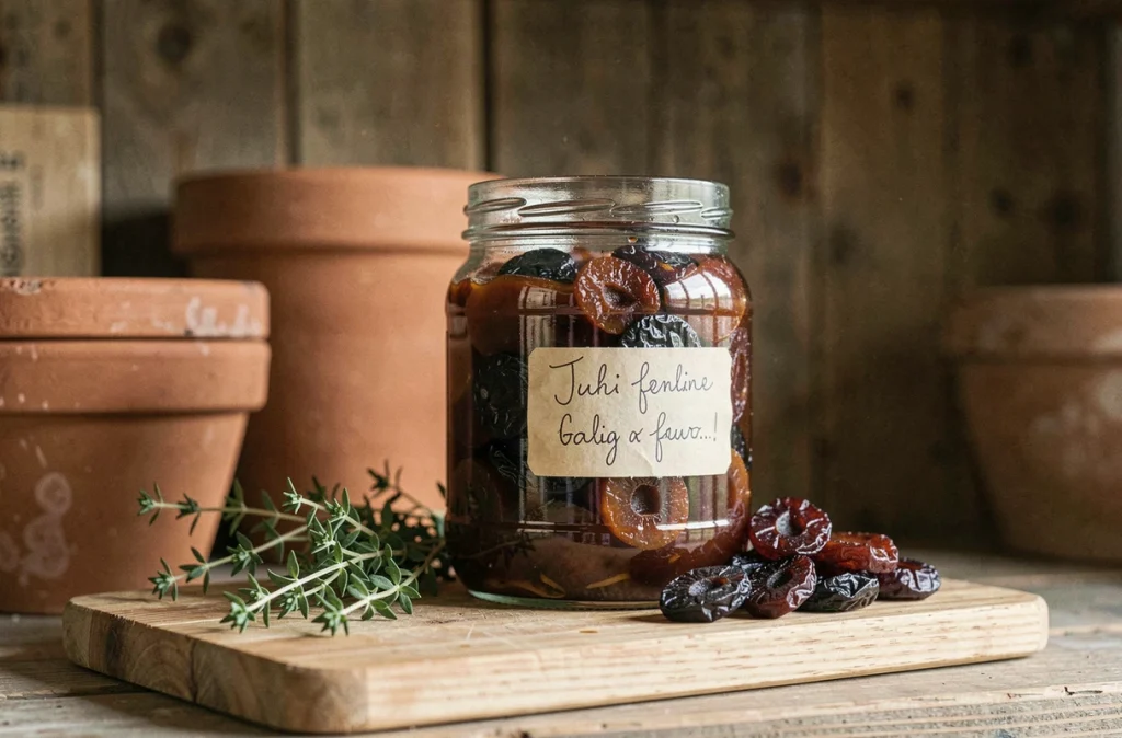 Bocal en verre de compote de pruneau maison posé sur une planche en bois avec des pruneaux secs et du thym frais, ambiance naturelle et artisanale évoquant les bienfaits digestifs du pruneau