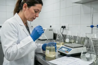 Scientifique en blouse blanche pipettant une solution dans un bécher gradué pour calculer une concentration en g/L en laboratoire
