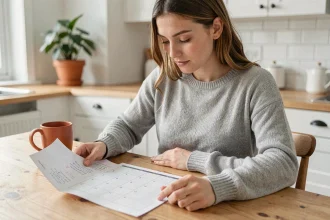 Jeune femme enceinte calculant son terme de grossesse avec un calendrier posé sur une table en bois