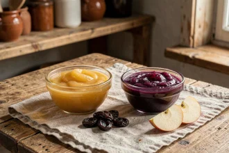 Deux bols de compote côte à côte sur une table en bois rustique, l'un à la pomme dorée et l'autre au pruneau violet foncé, entourés de pruneaux secs et de tranches de pomme fraîche