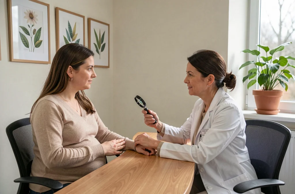 Consultation dermatologique pour une femme enceinte examinant les modifications cutanées survenant pendant la grossesse avec une spécialiste en cabinet médical