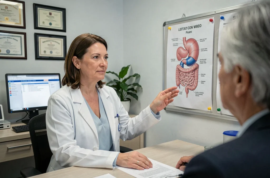 Médecin gastro-entérologue expliquant les symptômes de la maladie de Crohn à un patient en consultation