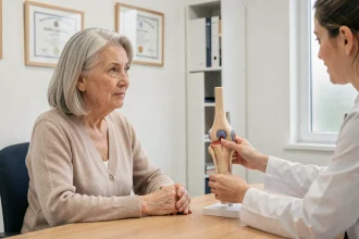 Une femme senior de 70 ans en consultation médicale pour l'arthrose, écoutant son médecin expliquer un traitement avec un modèle anatomique du genou