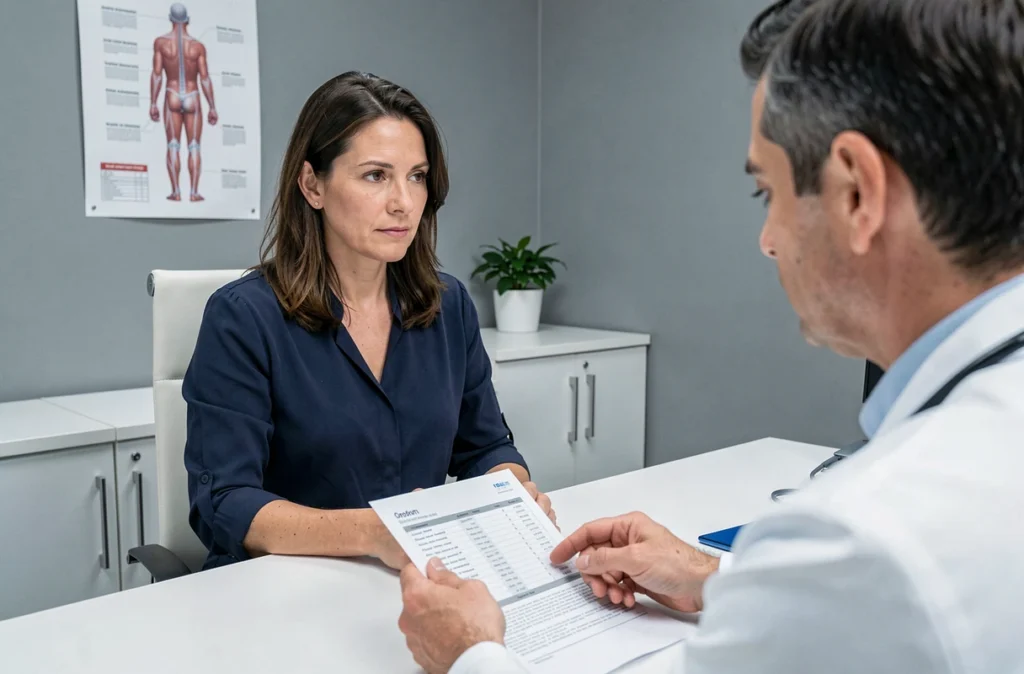 Femme consultant son médecin pour analyser des résultats de transaminases élevées et protéger la santé de son foie