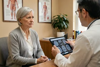 Femme atteinte de sclérose en plaques lors d'une consultation médicale personnalisée avec son neurologue