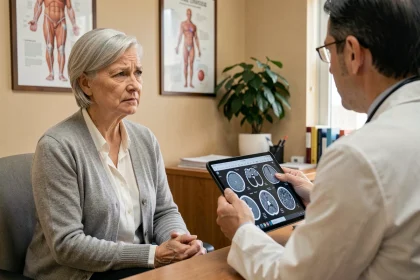 Femme atteinte de sclérose en plaques lors d'une consultation médicale personnalisée avec son neurologue