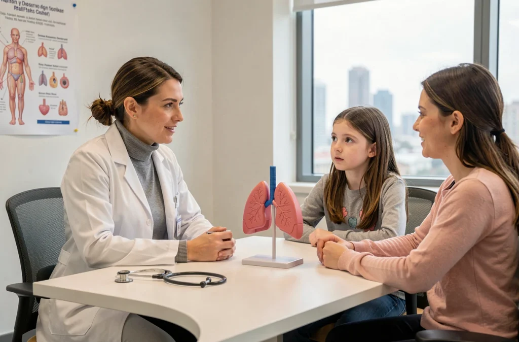Pédiatre expliquant l'asthme allergique à une enfant et sa mère en consultation médicale