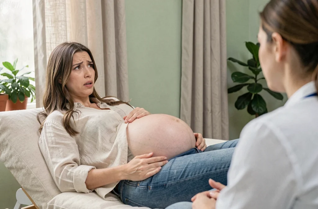 Femme enceinte lors d'une consultation prénatale avec une professionnelle de santé, abordant les effets du stress pendant la grossesse sur le développement du nourrisson
