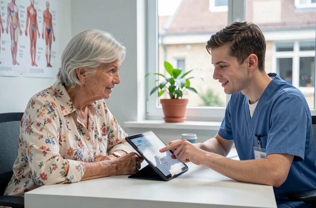 Une senior attentive lors d'une consultation médicale de prévention avec un infirmier dans un hôpital