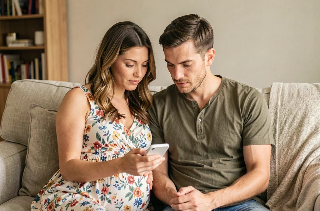 Couple attendant un bébé qui consulte ensemble une application de calcul de terme de grossesse sur smartphone