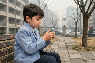 Jeune garçon asthmatique tenant un inhalateur dans un parc urbain pollué