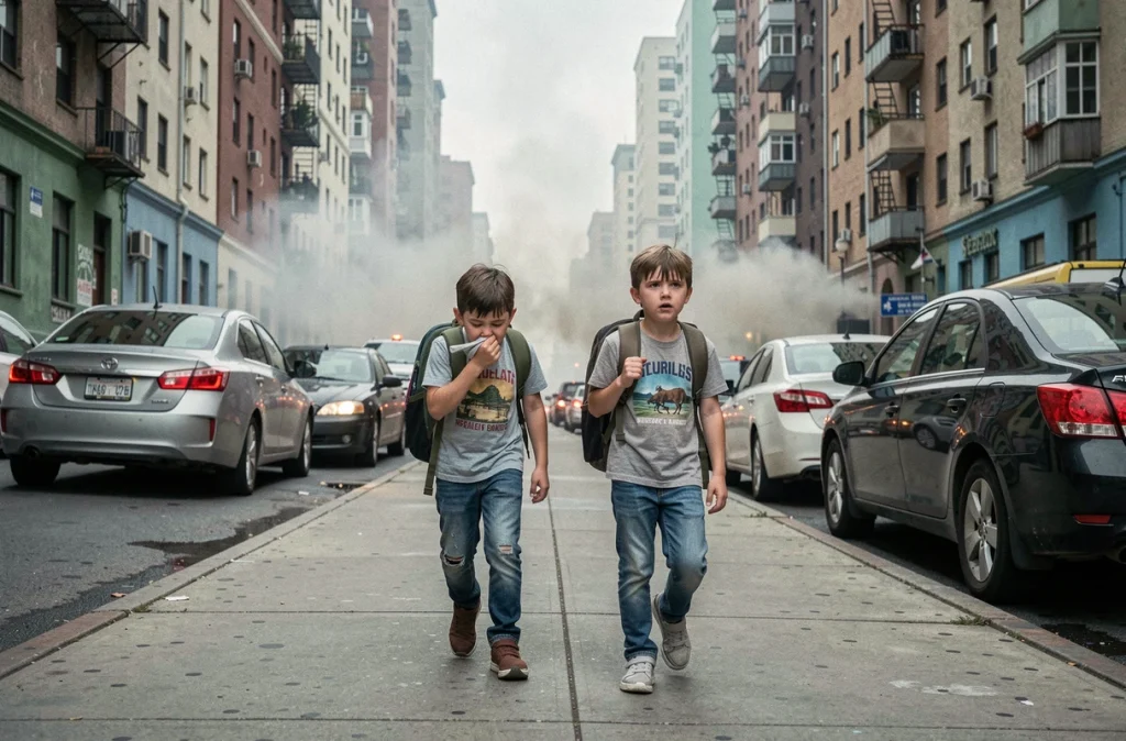 Enfants exposés à la pollution atmosphérique en marchant dans une rue urbaine animée