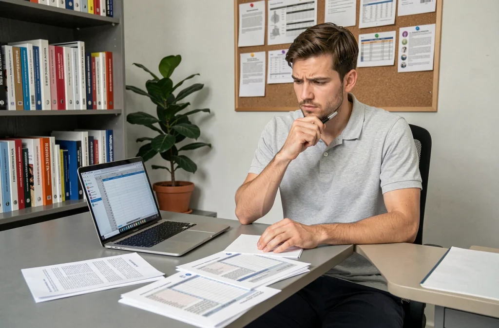 Ergothérapeute masculin analysant des grilles salariales et des documents d'emploi dans son bureau