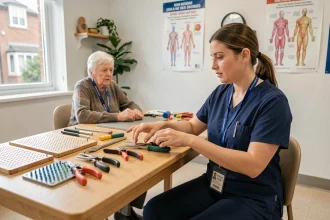 Ergothérapeute femme en séance de rééducation avec un patient âgé dans une clinique de réhabilitation