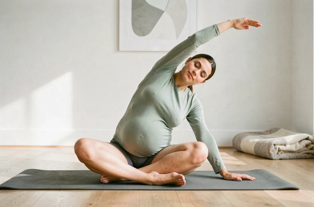 Femme enceinte faisant un étirement doux sur un tapis de yoga pour améliorer la posture et soulager le dos