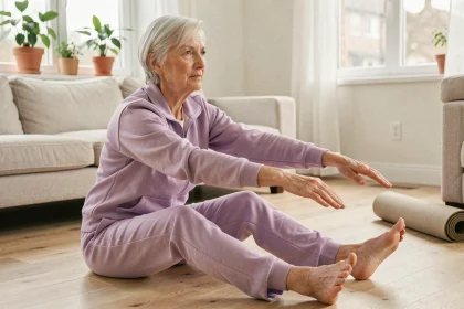 Femme de 68 ans faisant des étirements doux assis sur un parquet en bois dans un salon lumineux