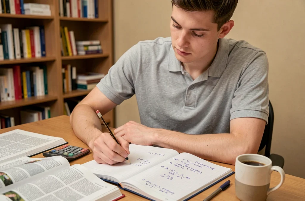 Étudiant en pharmacie calculant une concentration en pourcentage avec une calculatrice et des notes manuscrites sur un bureau encombré