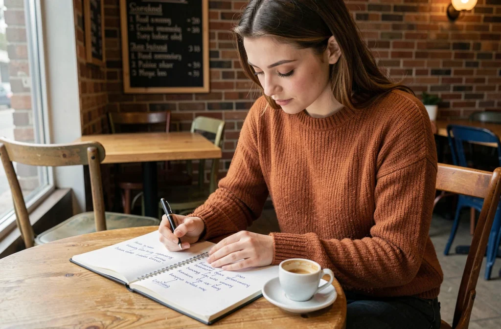 Jeune femme calculant des temps de trajet à pied dans un carnet dans un café