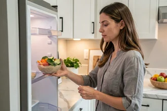 Femme choisissant une collation saine de légumes frais et houmous dans un réfrigérateur pour éviter le grignotage