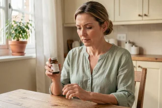 Femme d'une cinquantaine d'années examinant un complément alimentaire Glucovit dans une cuisine chaleureuse
