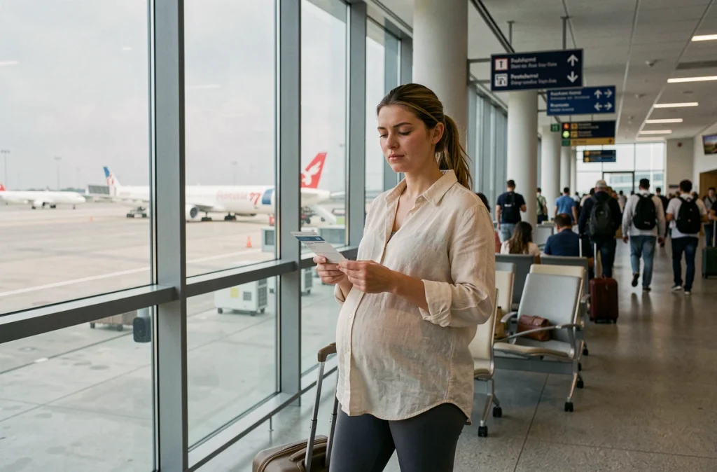 Femme enceinte debout dans un terminal d'aéroport tenant une carte d'embarquement, entourée de voyageurs et de grandes fenêtres donnant sur le tarmac