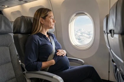 Femme enceinte assise dans un siège hublot d'avion avec sa ceinture de sécurité attachée sur le ventre, regardant par le hublot pendant un vol