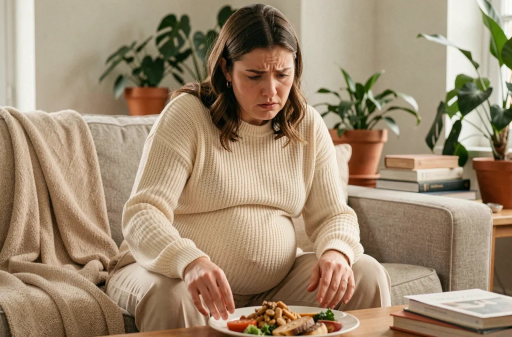 Femme enceinte hésitant devant une assiette de nourriture, symbolisant les changements de goût et d'appétit pendant la grossesse