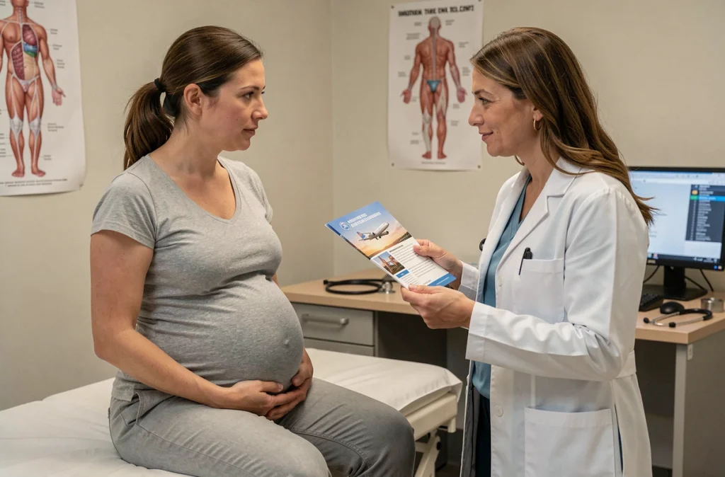 Femme enceinte en consultation médicale avec son obstétricienne discutant des précautions à prendre avant un voyage en avion pendant la grossesse