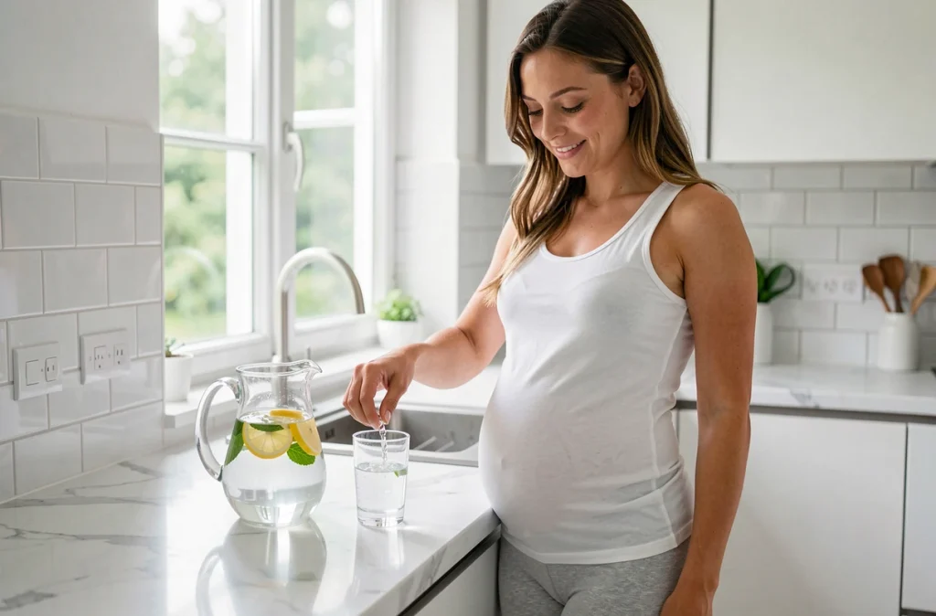 Femme enceinte versant de l'eau infusée au citron et à la menthe dans une cuisine moderne, mettant en valeur une bonne hydratation durant la grossesse