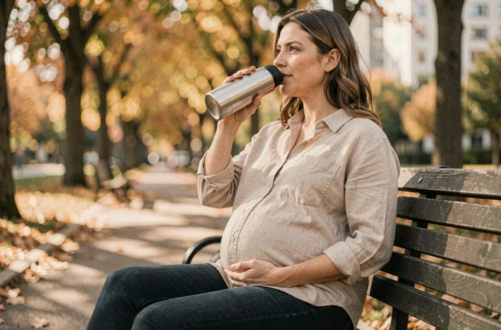Femme enceinte au premier trimestre buvant à une gourde réutilisable sur un banc de parc en automne, symbolisant l'hydratation quotidienne pendant la grossesse