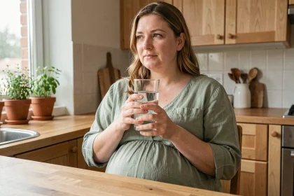 Femme enceinte au troisième trimestre tenant un verre d'eau dans une cuisine en bois naturel, illustrant l'importance de l'hydratation pendant la grossesse
