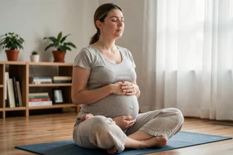Femme enceinte en méditation sur un tapis de yoga à la maison, préparation mentale avant l'accouchement naturel