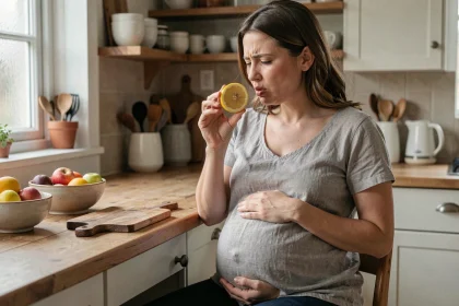 Femme enceinte reniflant un citron dans sa cuisine, illustrant les changements olfactifs pendant la grossesse