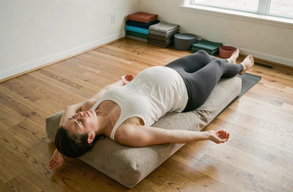 Femme enceinte en relaxation guidée sur un bolster dans un studio de yoga, exercice de préparation mentale avant l'accouchement