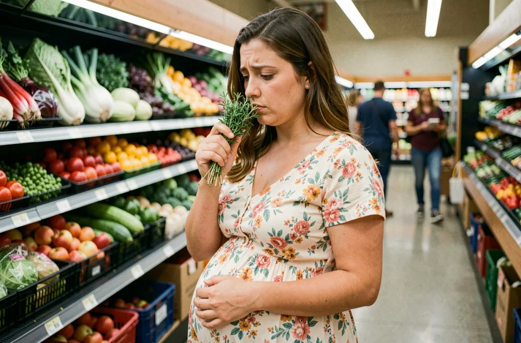 Femme enceinte dans un supermarché sentant des herbes fraîches, évoquant la sensibilité olfactive durant la grossesse