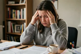 Femme enceinte stressée assise à son bureau à domicile, les mains sur les tempes, illustrant l'impact du stress prénatal sur la santé maternelle et le développement du bébé