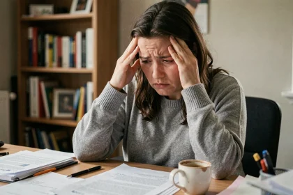 Femme enceinte stressée assise à son bureau à domicile, les mains sur les tempes, illustrant l'impact du stress prénatal sur la santé maternelle et le développement du bébé